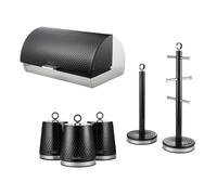 Swan Elegance Black Bread Bin Canisters Towel Pole Mug Tree Set