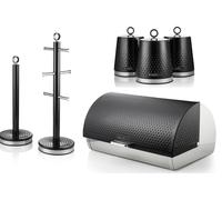 Swan Elegance Black Breadbin Canisters Mug Tree & Towel Pole Kitchen Storage Set