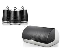 Swan Elegance Black Breadbin & Tea Coffee Sugar Canisters Kitchen Storage Set