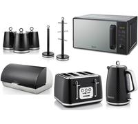 Swan Elegance Black Kettle Toaster Digital Microwave & Kitchen Storage Set of 9