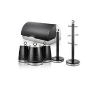 Swan Elegance Kitchen Storage Bundle with 14L Bread bin, Set of 3 Canisters, Towel Pole and Mug Tree, Black, EEJB444