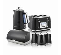 Swan Elegance Kitchen Set Bundle - 1.7L Kettle & 4 Slice Toaster with 14L Bread Bin, Canisters, Mug Tree & Towel Pole - Black - EEJB480