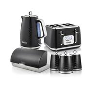 Swan Elegance Complete Kitchen Set, 1.7L Kettle, 4 Slice Toaster, 14L Bread Bin, 3 Canisters & Towel Pole/Mug Tree, Black, EEJB480