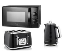 Swan Elegance Kettle, 4 Slice Toaster & 700W 20L Microwave Matching Set in Black