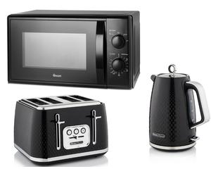 Swan Elegance Kettle, 4 Slice Toaster & 700W 20L Microwave Matching Set in Black