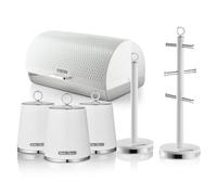 Swan Elegance Kitchen Storage Bundle with 14L Bread bin and Set of 3 Kitchen Storage Canisters, Towel Pole and Mug Tree, White, EEJB445