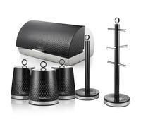 Swan Elegance Kitchen Storage Bundle with 14L Bread bin, Set of 3 Canisters, Towel Pole and Mug Tree, Black, EEJB444