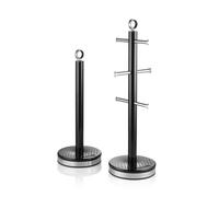 Swan Elegance Kitchen Towel Pole and 6 Cup Mug Tree Set with Textured Gloss Finish, Stainless Steel Accents and Non-Slip Bases, Black