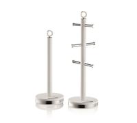 Swan Elegance Kitchen Towel Pole and 6 Cup Mug Tree Set with Textured Gloss Finish, Stainless Steel Accents and Non-Slip Bases, White
