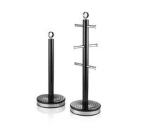 SWAN Elegance Kitchen Towel Pole and 6 Cup Mug Tree Set with Textured Gloss Finish, Stainless Steel Accents and Non-Slip Bases, Black