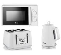 Swan Elegance White 1.7L 3KW Kettle, 4 Slice Toaster and 700W 20L Microwave SM4420WHT. Contemporary Matching Kitchen Set with a Sleek White Textured Finish