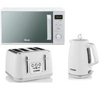 Swan Elegance White 1.7L 3KW Kettle, 4 Slice Toaster and 800W 20L Digital Microwave SM4421WHT. Contemporary Matching Kitchen Set with a Sleek White Finish