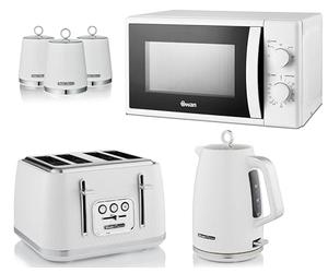 Swan Elegance White 1.7L Kettle, 4 Slice Toaster and 3 Canisters - Premium Textured White Finish and Chrome Accents plus 700W 20L Microwave SM4420WHT. Contemporary Matching Kitchen Set of 6