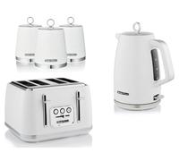 Swan Elegance White 1.7L Kettle, 4 Slice Toaster and Tea, Coffee, Sugar Canisters. Contemporary Matching Kitchen Set with a Textured Gloss Finish and Stainless Steel/Chrome Accents