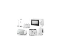 Swan Elegance White 1.7L Kettle, 4 Slice Toaster, Breadbin, 3 Canisters, Mug Tree, Kitchen Roll Holder & 700W 20L Microwave SM4420WHT. Contemporary