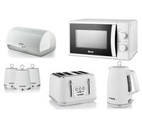 Swan Elegance White 1.7L Kettle, 4 Slice Toaster, Breadbin and 3 Canisters - Premium Textured White Finish and Chrome Accents plus 700W 20L Microwave SM4420WHT. Contemporary Matching Kitchen Set of 7