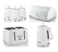 Swan Elegance White 1.7L Kettle, 4 Slice Toaster, Breadbin and Tea, Coffee, Sugar Canisters. Contemporary Matching Kitchen Set of 6 with a Textured Gloss Finish and Stainless Steel/Chrome Accents