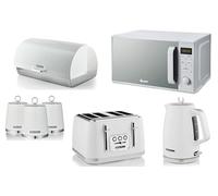 Swan Elegance White 1.7L Kettle, 4 Slice Toaster, Breadbin, Canisters and 800W 20L Digital Microwave. Contemporary Matching Kitchen Set of 7 with a Premium Textured White Finish