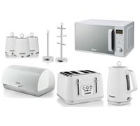 Swan Elegance White 1.7L Kettle, 4 Slice Toaster, Breadbin, Canisters, Mug Tree, Towel Pole and 800W 20L Digital Microwave. Contemporary Matching Kitchen Set of 9 with a Premium Textured White Finish