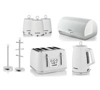 Swan Elegance White 1.7L Kettle, 4 Slice Toaster, Breadbin, Tea, Coffee, Sugar Canisters, Mug Tree and Towel Pole. Contemporary Matching Kitchen Set of 8 with a Premium Textured White Finish