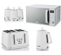 Swan Elegance White 1.7L Kettle, 4 Slice Toaster, Canisters and 800W 20L Digital Microwave. Contemporary Matching Kitchen Set of 6 with a Premium Textured White Finish