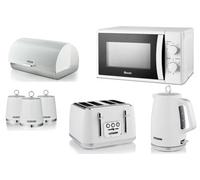 Swan Elegance White 7 Piece Kitchen Set - 1.7L 3Kw Kettle, 4-Slice Toaster, Breadbin, 3 Canisters & Sm4420Wht Microwave