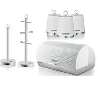 Swan Elegance White Breadbin, Tea, Coffee, Sugar Canisters, Mug Tree and Towel Pole. Contemporary Matching Kitchen Storage Set with a Premium Textured White Finish and Stainlesss Steel Accents