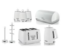 Swan Elegance White Kettle Toaster Breadbin Canisters Mug Tree & Towel Pole Set
