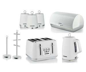 Swan Elegance White Kettle Toaster Breadbin Canisters Mug Tree & Towel Pole Set