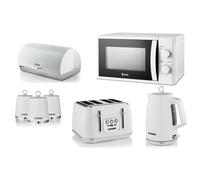 Swan Elegance White Kettle Toaster Microwave Breadbin Canisters Set