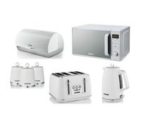 Swan Elegance White Kettle Toaster Microwave Breadbin & Canisters Set
