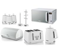Swan Elegance White Kettle Toaster Microwave & Matching Kitchen Storage Set