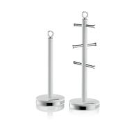 Swan Elegance Kitchen Towel Pole and 6 Cup Mug Tree Set with Textured Gloss Finish, Stainless Steel Accents and Non-Slip Bases, White