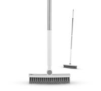 Swan Elevate Angled Floor Scrubbing Brush with Squeegee, 180? Pivoting Head, Posture-Positive Handle, 5-Layer Stiff Bristles for Deep Cleaning