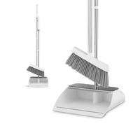 Swan Elevate Long-Handled Dustpan & Brush Set with Angled Feathered Soft Bristles, Posture-Positive with Built-In Retractable Comb for Easy Cleaning & Storage Loop, White SWFC2006WHTN