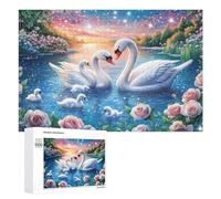 Swan Family in Rose Lake with Sunset Stars 1000 Piece Jigsaw Puzzle for Seniors Indoor Mind Game Cognitive Balance Gift for Leisure Time 1000 PCS
