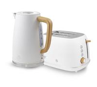Swan Fjord Kitchen Set, 1.7L Rapid Boil Kettle with Wood Effect Handle and 800W 2-Slice Toaster with 7 Browning Levels, White and Wooden Accents, SK19024WHT & ST19030WHT