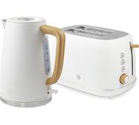 Swan Fjord Kitchen Set, 1.7L Rapid Boil Kettle with Wood Effect Handle and 800W 2-Slice Toaster with 7 Browning Levels, White and Wooden Accents, SK19024WHT & ST19030WHT
