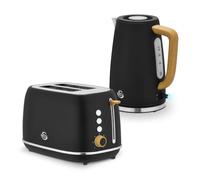 Swan Fjord Breakfast Essentials Bundle with 1.7L Rapid Boil Kettle and 2 Slice Toaster, Black with Wood Effect, EEJB490