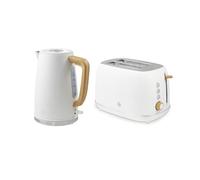 Swan Fjord Kitchen Set, 1.7L Rapid Boil Kettle with Wood Effect Handle and 800W 2-Slice Toaster with 7 Browning Levels, White and Wooden Accents, SK19024WHT & ST19030WHT