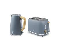 Swan Fjord Kitchen Set, 1.7L Rapid Boil Kettle with Wood Effect Handle and 900W 2-Slice Toaster with 7 Browning Levels, Grey and Wooden Accents, SK19024GRY & ST19030GRY