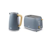Swan Fjord Kitchen Set, 1.7L Rapid Boil Kettle with Wood Effect Handle and 900W 2-Slice Toaster with 7 Browning Levels, Grey and Wooden Accents, SK19024GRY & ST19030GRY