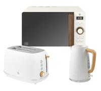 Swan Fjord White Jug Kettle and 2 Slice Toaster plus Nordic 800W 20L Microwave. Matching Scandinavian Inspired Design Kitchen Set in White with Wood Effect Accents. Part of the Swan Nordic Collection