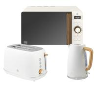 Swan Fjord White Jug Kettle and 2 Slice Toaster plus Nordic 800W 20L Microwave. Matching Scandinavian Inspired Design Kitchen Set in White with Wood Effect Accents. Part of the Swan Nordic Collection