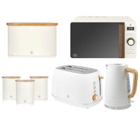 Swan Fjord White Jug Kettle Toaster plus Nordic Microwave Breadbin Canisters Set