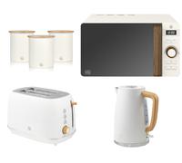 Swan Fjord White Jug Kettle Toaster plus Nordic Microwave Canisters Kitchen Set