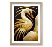 Swan Gold Leaf Framed Print | A2 Oak Framed Wall Art | Ready to Hang | Modern Floral Picture | Living Room Bedroom Lounge Office