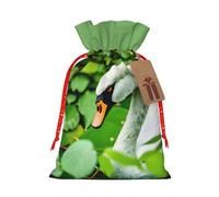 Swan Green Leaves Print Large Christmas Gift Bags,Reusable Holiday Bags For Gifts,Drawstrings Burlap Goody Gift Bags