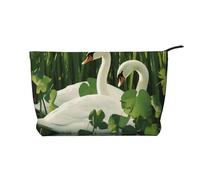 swan Green Leaves Prints Corduroy Makeup Bag for Women Girls, Spacious Travel Cosmetic Organiser for Make-up, Toiletries & Essentials