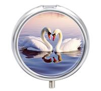 Swan Heart Pill Box 3 Compartment Small Pill Case with Mirror for Purse & Pocket Travel Medicine Organizer Daily Medication Container Portable Pillbox Metal Medicine Box Round Meds Case